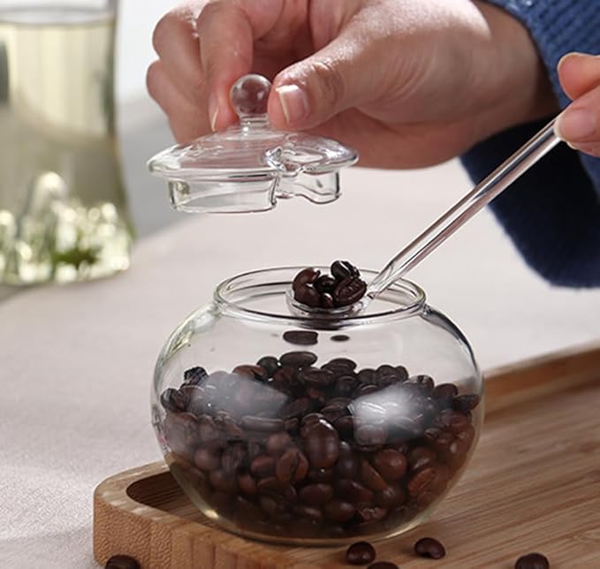 123Arts Clear Glass Sugar Bowls Storage Jars with Lid and Sugar Serving Spoons, Set of 2