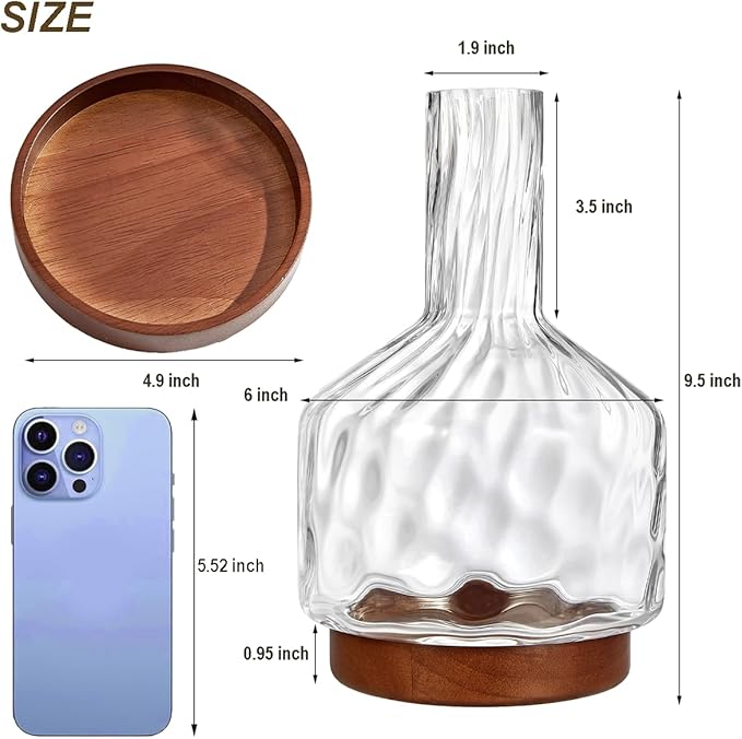 Glass Vase for Flowers, Rippled Flower Vases with Wooden Base,10inch Clear Jug Vase for Long Stem Flower or Fake Bouquet,Decorative Bottle Vase for Centerpieces Dining Table Living Room Mantel Party