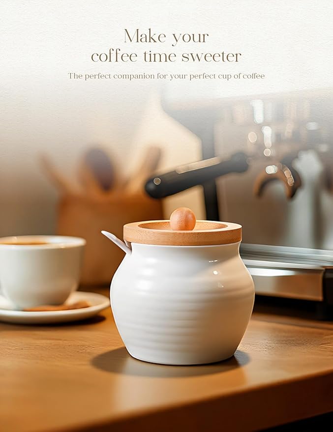 AISBUGUR Sugar Bowl with Lid and Spoon: 13oz Sugar Jar with Bamboo Lid,Ceramic Sugar Container for Coffee Bar - Countertop,Kitchen Decor, White