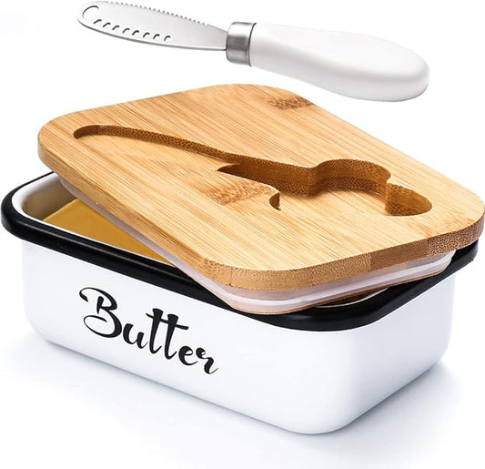 Butter Dish with Lid: Butter Dish for Countertop- AISBUGUR Metal Butter Keeper with Stainless Steel Multipurpose Butter Knife,Large Butter Container with Silicone Home Decor Kitchen Gift White