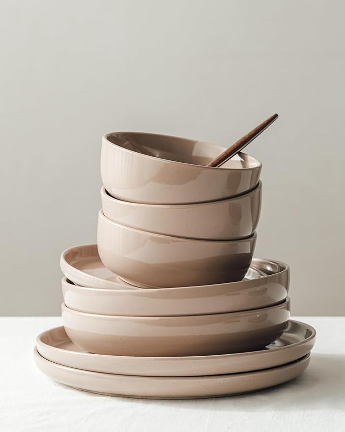 Famiware Milkyway Stoneware Dinnerware Sets with Mugs, Service for 4 (16pcs), Plates and Bowls Sets, Scratch Resistant, Microwave and Dishwasher Safe Dishes Set, Cinnamon Brown