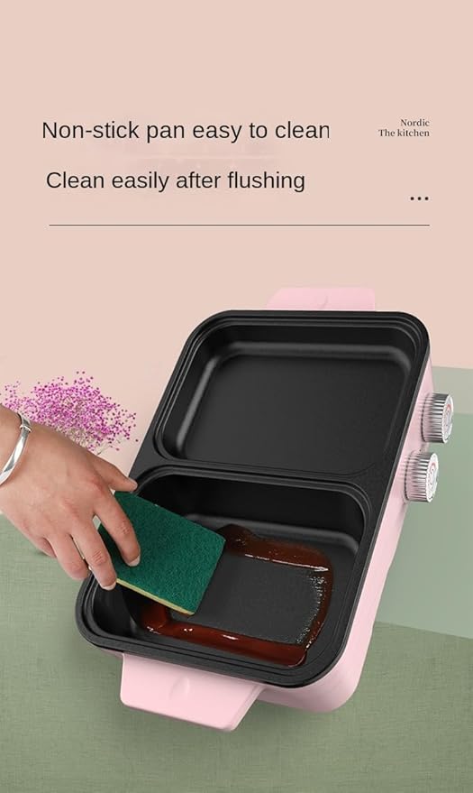 Hot Pot with Grill, 1500W Adjustable 2-in-1 Multifunctional Electric Oven, Suitable for 2-3 People, smokeless Barbecue hotpot, can be Fried or Fried (Pink)