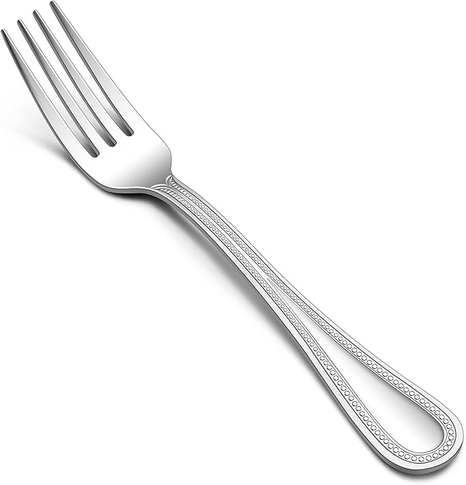 Forks Set of 12, E-far Stainless Steel Dinner Forks Silverware with Pearled Edge for Home/Kitchen/Restaurant, Mirror Polished & Dishwasher safe-7.9 Inches