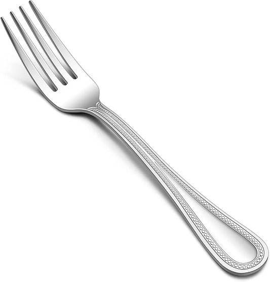 Forks Set of 12, E-far Stainless Steel Dinner Forks Silverware with Pearled Edge for Home/Kitchen/Restaurant, Mirror Polished & Dishwasher safe-7.9 Inches