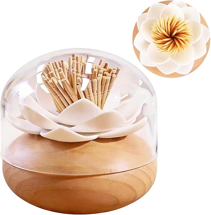 Toothpick Holder Dispenser Lotus Q tip Holder Wood Toothpick Holder, Tooth Picks Beech Toothpick Holders White Flower Decorative for Kitchen Table Decorations Cute Gifts -with 80 Toothpick