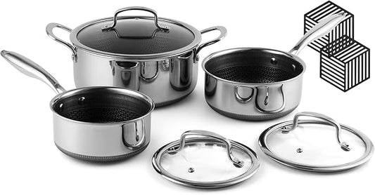 Non Stick Pot and Pan Set 8 Pieces, 1.5 QT, 2 QT Saucepan & 5.2 Quart Stock Pot Set with Matching Tempered Glass Lid Double Trivets, Dishwasher & Oven Safe Up to 500℉ Compatible with All Cooktops