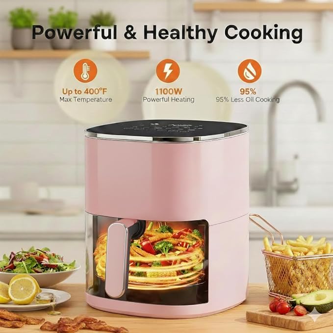 HealSmart 12-in-1 Air Fryer Oven, 6.34 Qt Digital Convection Oven with Visible Window & 1700W, Air Fry, Roast, Bake, Nonstick Basket, Pink