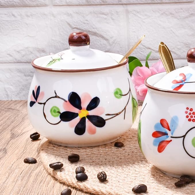 Porcelain Sugar Bowls with Lid and Spoons, Ceramic Seasoning Container for Home and Kitchen (LH)