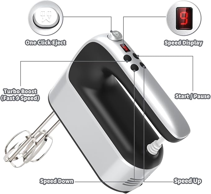 Yomelo 9-Speed Digital Hand Mixer Electric, 400W Powerful DC Motor, Hand Mixer Electric Handheld with Snap-On Storage Case, 5 Stainless Steel Accessories, Beaters, Dough Hooks, Whisk(Silvery Black)