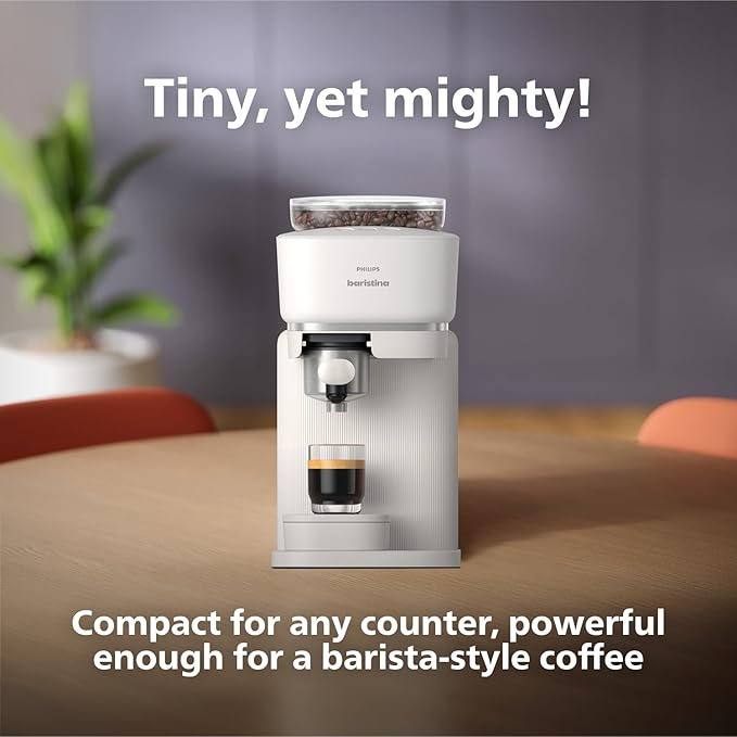 Philips Baristina Espresso Machine - Real espresso, made simple. Compact coffee machine, natural white with white portafilter, 16 bar pump pressure, automatic grinder, Cafe Crema (BAR300/00)