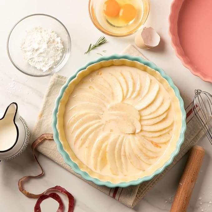 Sweejar Ceramic Pie Pan, 9.5 Inches Round Wavelet Fringe Dish, Non-Stick Plate for Baking Pumpkin, Apple (Turquoise)