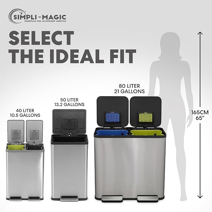 Simpli-Magic 80 Liter / 21 Gallon Rectangular Hands-Free Dual Compartment Recycling Kitchen Step Trash Can with Soft-Close Single Lid, Stainless Steel (40L x 40 L Capacity) Stainless Steel Finish