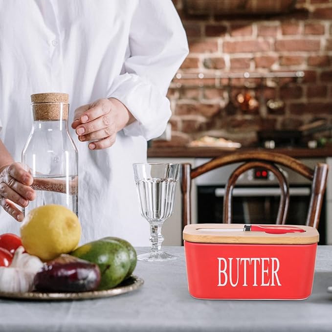 Ceramic Butter Dish with Wooden Lid, Large Butters Container Keeper Storage with Stainless Steel Knife Spreader, Bamboo Cover and Silicone Sealing Ring for West East Coast, Red
