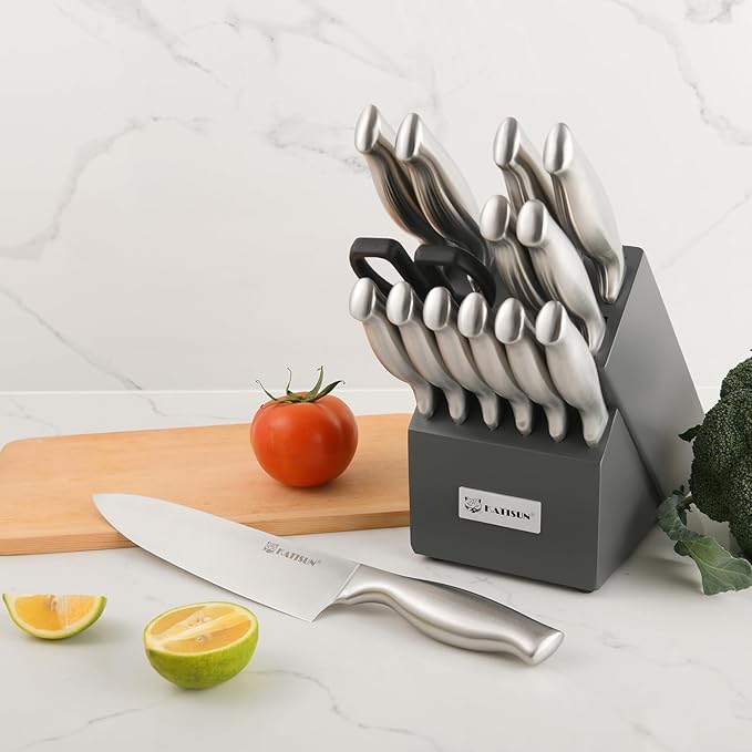 Kitchen Knife Set, 15 Pieces Knife Set with Block, Knives Set for Kitchen, Silver Hollow Ergonomic Handle for Chef Knife Set, Kitchen Shears,Black Knife Block Set