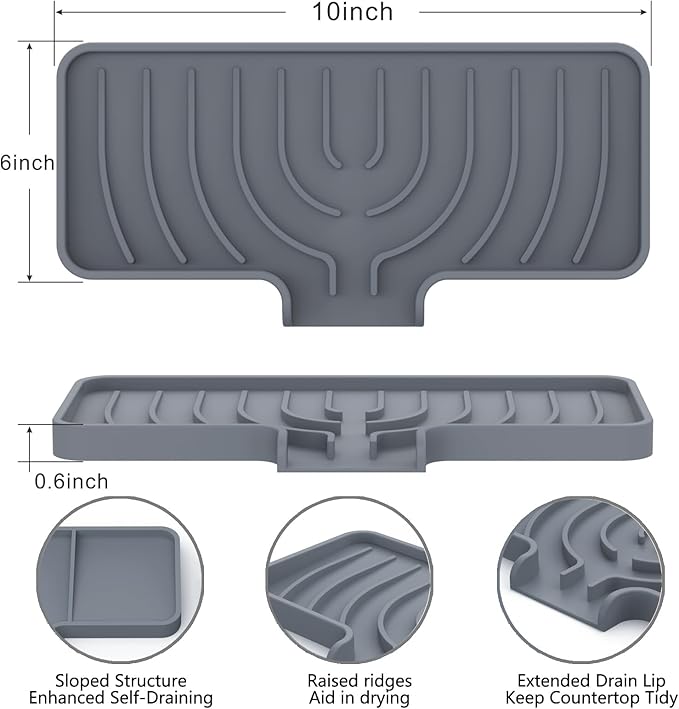 Sponge Holder for Kitchen Sink, Soap Tray for Sink & Counter, 9.8"×4.9" Soap Dish Mat, Silicone with Drain, Perfect for Dispenser, Scrubber, Bottle, Cup (Gray)