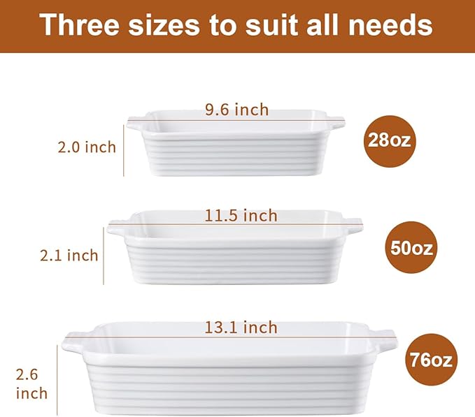 Jassceram Casserole Dishes for Oven, 3-Piece Ceramic Baking Dish Set, Rectangular Lasagna Pan Deep with Handles, Nesting Bakeware for Baking & Roasting, Oven Safe (9.6 to 13.1 Inch), White