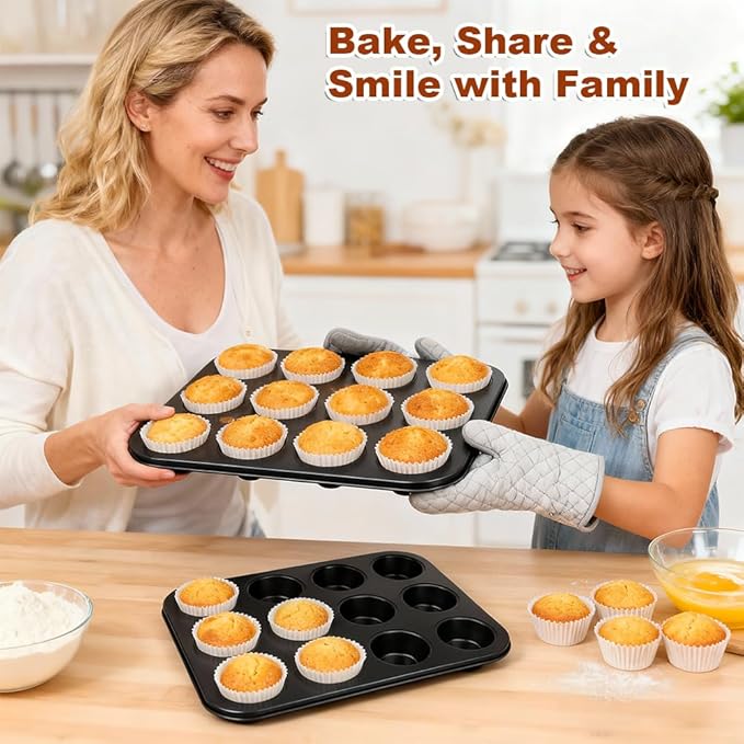Smile Tree Muffin Pan & Cupcake Pan Set, 2 Pack 12-Cup Muffin Pans for Baking with 120 Cupcake Liners, Nonstick, Heavy-Duty Steel, Scratch-Resistant, Easy Release for Family & Party Baking (Black)