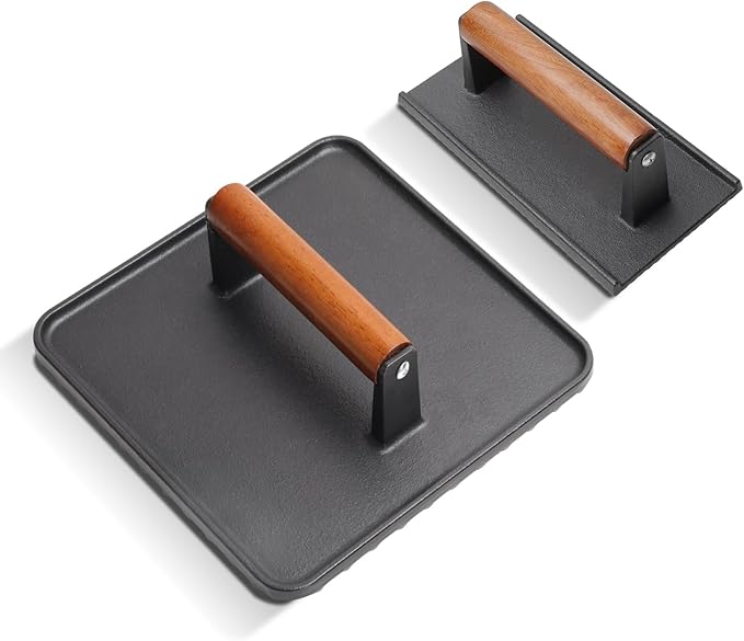 SafBbcue 10" Square Bacon Press & Rectangle Meat Press, Heavy Duty Cast Iron Griddle Press Smash Burger Press Compatible with Blackstone Flat Top Griddle Grills, Hamburger Smasher Tool Patty Maker