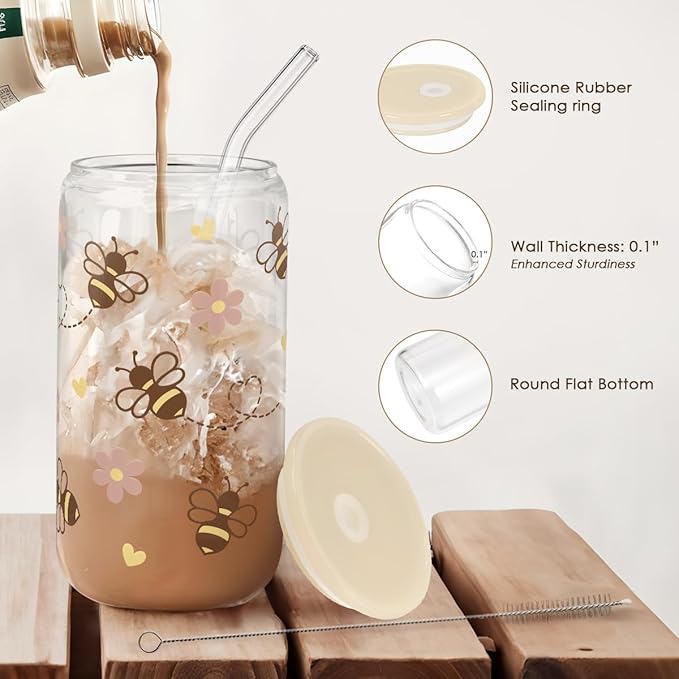 SANDJEST Bee 16oz Can Glass Tumbler with Acrylic Lid & Straw - Iced Coffee Cup for Women Girls, Aesthetic Cups Gifts for Birthday Christmas