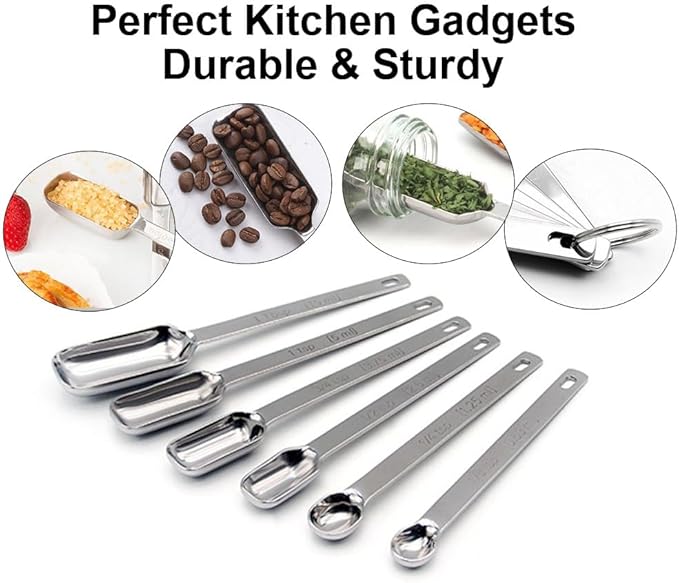 Stainless Steel Measuring Spoons Set of 7 with Leveler, Long Handle Rectangular Metal Teaspoon Tablespoon for Measuring Kitchen Spice, Dry & Liquid Ingredients