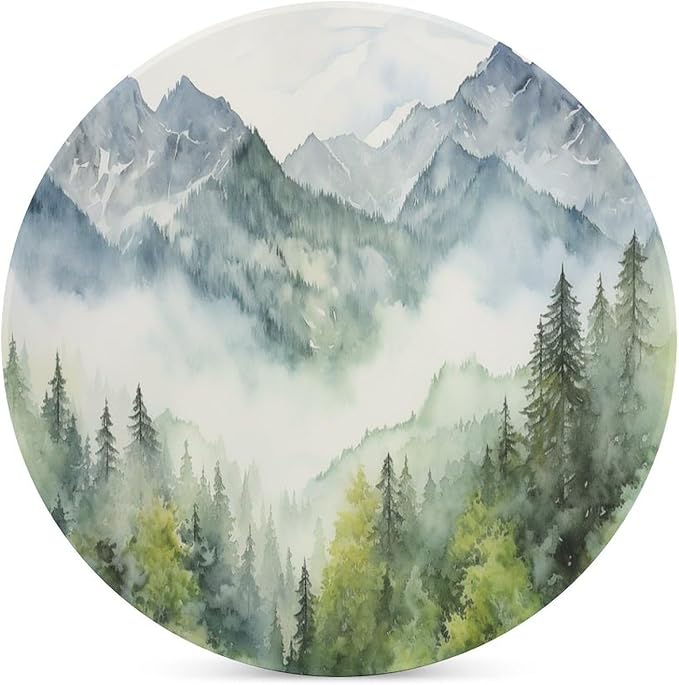 Round-4PCS Forest Ceramic Coasters, Round Absorbent Drink Coasters, Watercolor Style Nature Woodland Green Forest Mountain Plant Ceramic Table Coasters for Coffee, Beverage, Wine, Beer Coasters