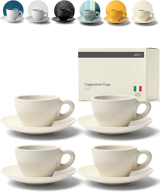 KIVY Cappuccino cups set [4x 8oz] - Thick-walled stoneware cappuccino cup set for latte art - Cappuccino coffee cups - Tazas de cafe - Latte cups - Ceramic latte art cup and saucer set of 4