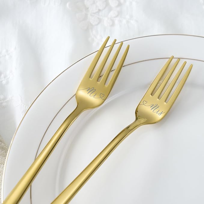 AW BRIDAL 4Pcs Wedding Cake Cutting Set with Forks, Stainless Steel Engraved Wedding Cake Knife Pie Server Gifts for Bridal Shower Engagement, Gold