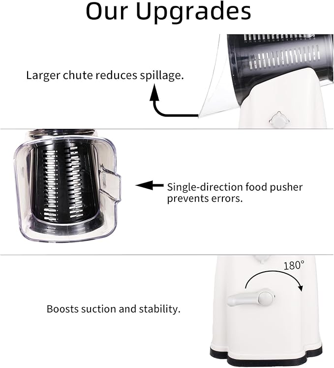 Upgrade Rotary Cheese Grater Shredder with Handle, Strong Suction Base, Multi-purpose Rotary Grater Slicer with 5 Interchangeable Blades for Ice, Vegetables, Fruit, Nuts with Blade Storage Box