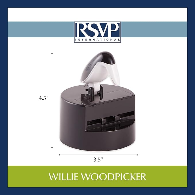 RSVP International Willie Woodpicker Toothpick Holder, Woodpecker, 100 Count,Plastic, Black & White