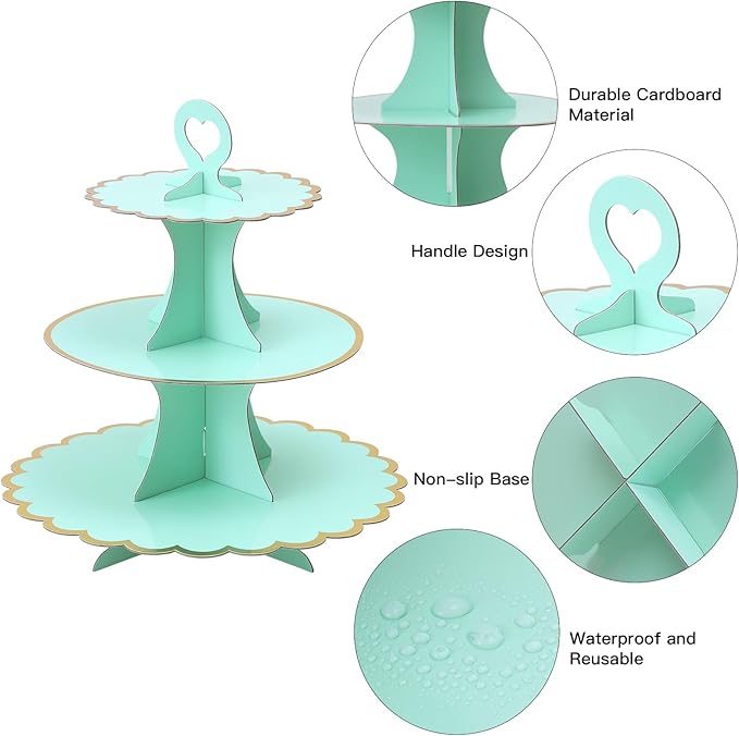 Soleebee 3-Tier Cupcake Stand, Cardboard Cupcake Tower, Cup Cake Stand Tower for Birthday Wedding Party Decoration, Cupcake Tier Stand Desserts Display 2 Set (Green Gold)