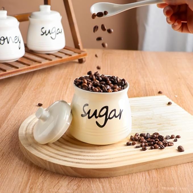 Porcelain Sugar Bowl with Lid and Spoon,12 Ounces Ceramic Sugar Jar Sugar Dispenser,Sugar Container for Home and Kitchen Decor (Cream)