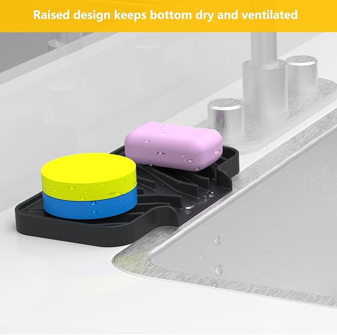 Sponge Holder for Kitchen Sink,6"×4" High Slope Soap Tray, Silicone Sponge Holder with Drain, Dish Soap Mat for Shower Bathroom, Perfect for Bottle,Cup on Sink or Counter (Black, 6×4)