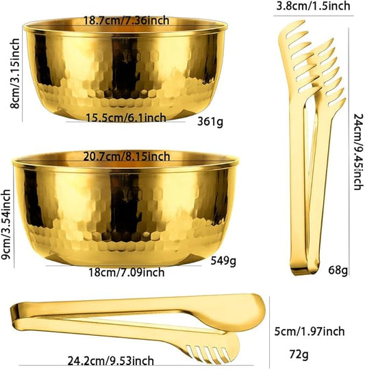 Stainless Steel Mixing Bowls with Food Tongs Set, Meal Prep Metal Mixing Bowls For Home, Refrigerator,and Kitchen Food Storage Organizers - Gold