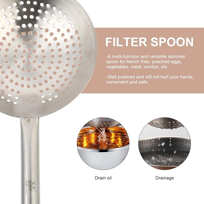 YARDWE Stainless Steel Skimmer Spoon Slotted Strainer Ladle Fine Mesh Wire Oil Filter Mandarin Colander Scoop for Kitchen Cooking (24CM)