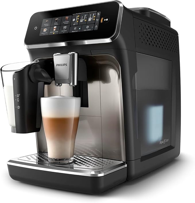 PHILIPS 3300 Series Fully Automatic Espresso Machine - LatteGo Milk System, 5 Coffee Varieties, Intuitive Touch Display, SilentBrew, 100% Ceramic Grinder, AquaClean Filter, Glossy Black (EP3347/90)