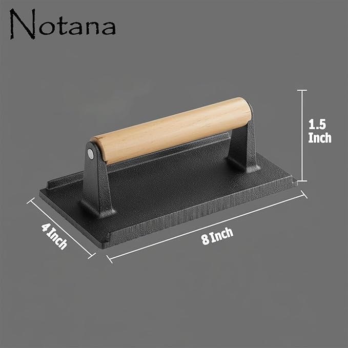 Cast Iron Steak Weight Press for Griddle, Grill and Pan Cooking - Heavy Cast Iron Grill Press with Wooden Handle - Steak Press Weight for Even Searing of Meat, Burgers and Bacon 8" x 4"