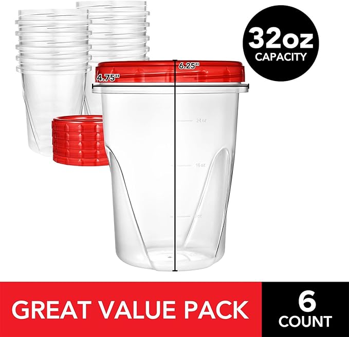 Stock Your Home 32oz Plastic Containers with Red Twist Top Lids (6 Pack) – Quart Freezer Containers for Leftovers, Airtight Reusable Soup Storage, Microwave & Dishwasher Safe