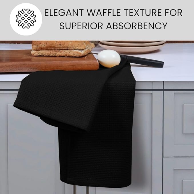 Waffle Kitchen Towels Large 16x26 inch 100% Cotton Set of 4 - Soft Absorbent Washable Tea Towel for Kitchen - Dish Cloths Quick Drying - 320 GSM Quality Dish Towels Black