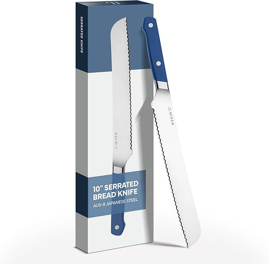 Misen Serrated Bread Knife - High-Carbon Japanese AUS8 Steel - Perfect for Soft Foods, Bread, Pastries, and Fruits - Verstatile Slicer, Razor-Sharp Edge, Durable Blade, Ergonomic Handle - 10", Blue