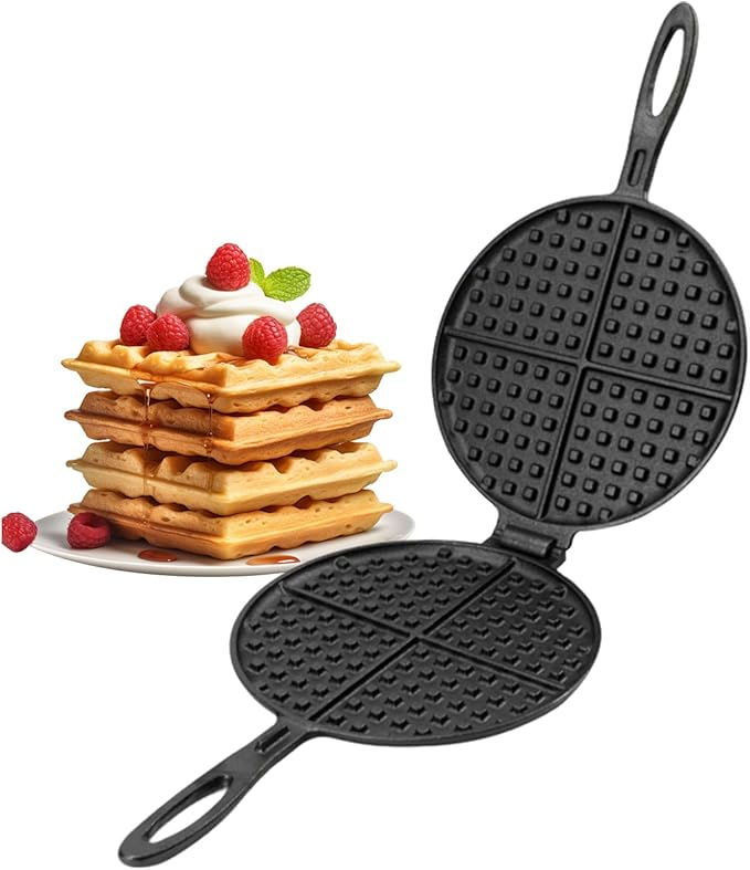Cast Iron Waffle Cookware Two Piece Hinged Non Electric Waffle Iron for Stovetop or Grill Makes 8" Round Waffles Design Waffle Pan