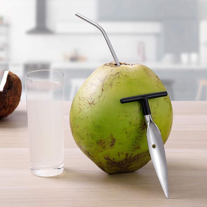 Coconut Opener Tools, Set of Stainless Steel Coconut Puncher with Straws, Brush, Coconut Meat Remover with Wood Handle, For Green & Young Coconut