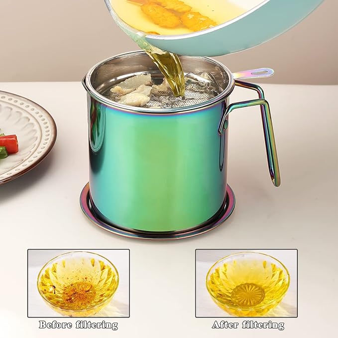 Berglander Rainbow Bacon Grease Container With Strainer 47oz, Titanium Colorful Plating Stainless Steel Oil Storage Container with Fine Mesh Strainer Dust-proof for Storing Frying Oil, Cooking Fat