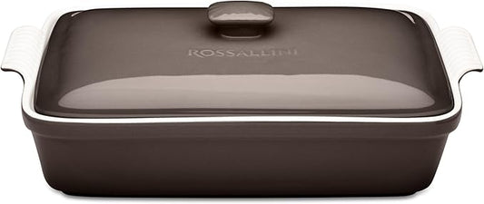 Stoneware Casserole Dish Bakeware Set with Lid, Covered Rectangular Dinnerware, Large 3.2 Quart, 11 by 9 Inch [Oyster Grey]