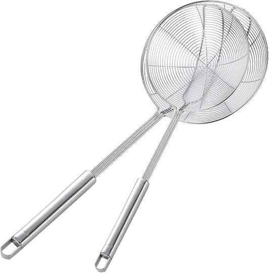 Stainless Steel Spider Skimmer, Set of 2 Professional Kitchen Pasta Strainer Spoon with Long Handle (L17 x D7.5 and L15.7 x D6)