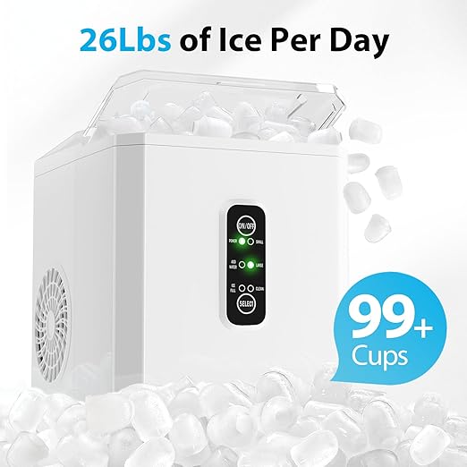 Aeitto Ice Makers Countertop, 26Lbs/24H Ice Machine with 2 Sizes of Bullet Ice, 9 Ice Cubes Ready in 6 Mins, Self-Cleaning Portable Ice Maker with Ice Scoop and Basket for Home Office Bar RV, White