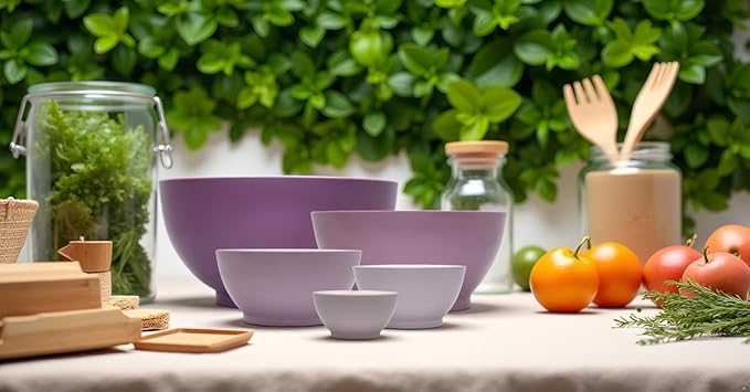 5-Piece Non-Spill Plastic Mixing Bowl Set - Reusable Nesting Kitchen Bowls with Concave Inner Lip and Non-Slip Base - Ideal for Baking, Prepping, Cooking and Serving - Dusty Plum