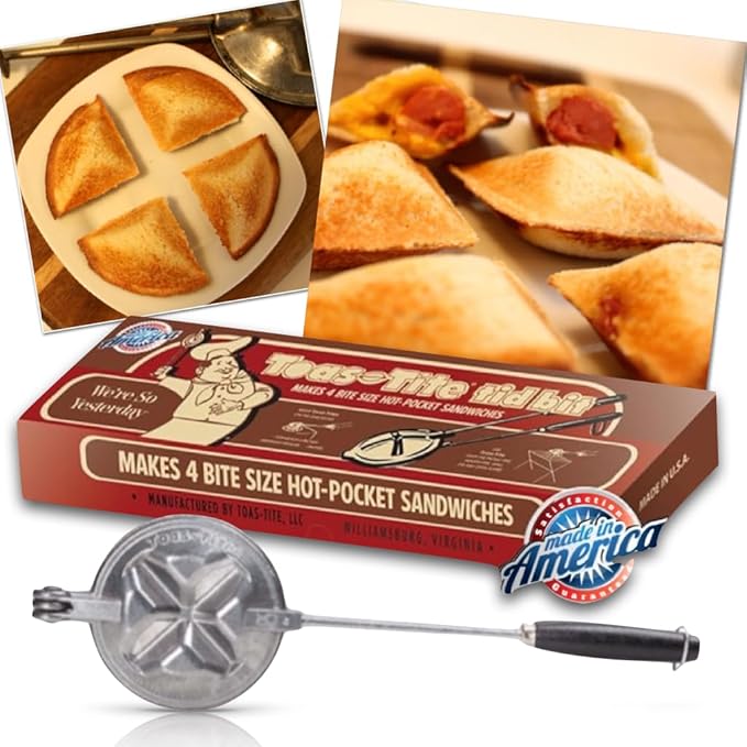 Tid Bit Handheld Sandwich Maker, Portable Sandwich Grill & Panini Press, Cast Aluminum Pie Iron, Retro 1945 Stovetop & Campfire Toaster for Hot Sandwiches, Pies, Paninis, RV & Camping