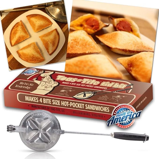 Tid Bit Handheld Sandwich Maker, Portable Sandwich Grill & Panini Press, Cast Aluminum Pie Iron, Retro 1945 Stovetop & Campfire Toaster for Hot Sandwiches, Pies, Paninis, RV & Camping