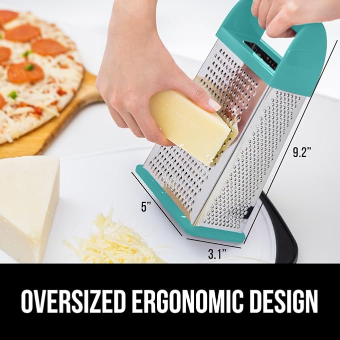 GORILLA GRIP 4-Sided Stainless Steel Cheese Grater With Container, 100% BPA-Free Box Grater, Slip Resistant Base and Handle, Grate Parmesan, Hard Cheeses, Shred Veggies, Dishwasher Safe, Turquoise