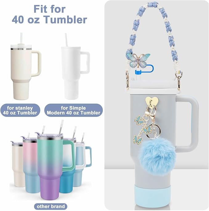 Accessories Set Including Water Bottle Handle Strap, Silicone Boot, Resin Butterfly Straw Cover, Straw Topper, Lip Balm Sleeve, Butterfly & Hairball Charms for Stanley Cup Tumbler